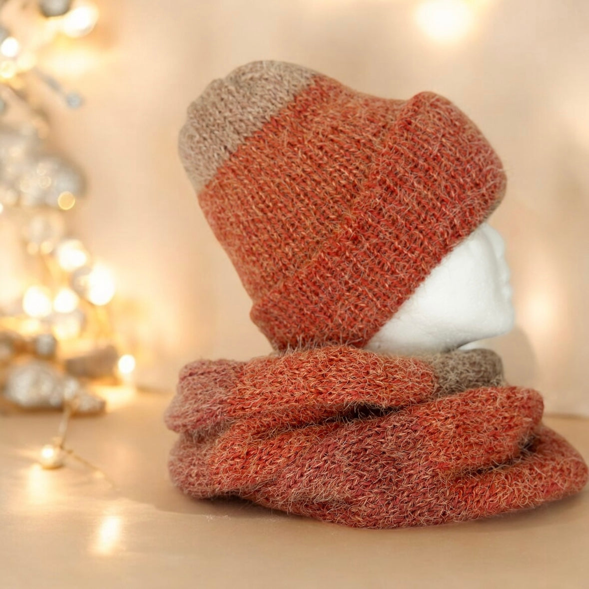 Handmade Double layered Knit beanie and circular scarf set | Winter Knit Hat foldable | matching scarf | soft and cozy (orange)