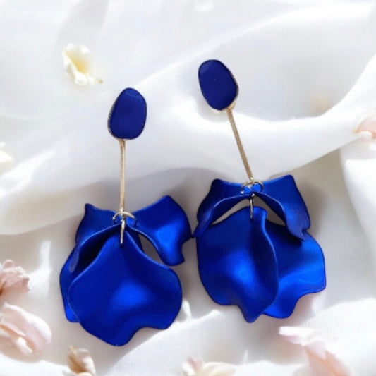 Royal blue iridescent flower earrings | rose petals statement earrings | unique golden bar floral earrings | bridal party wedding earrings