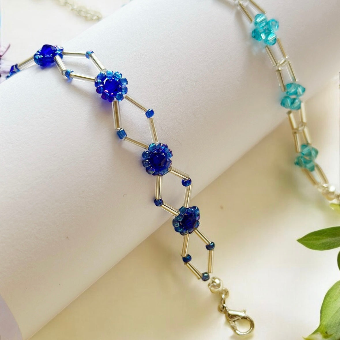 Silver & Blue Beaded bracelet with daisy pattern | silver colour chain | shinny decor bracelet |