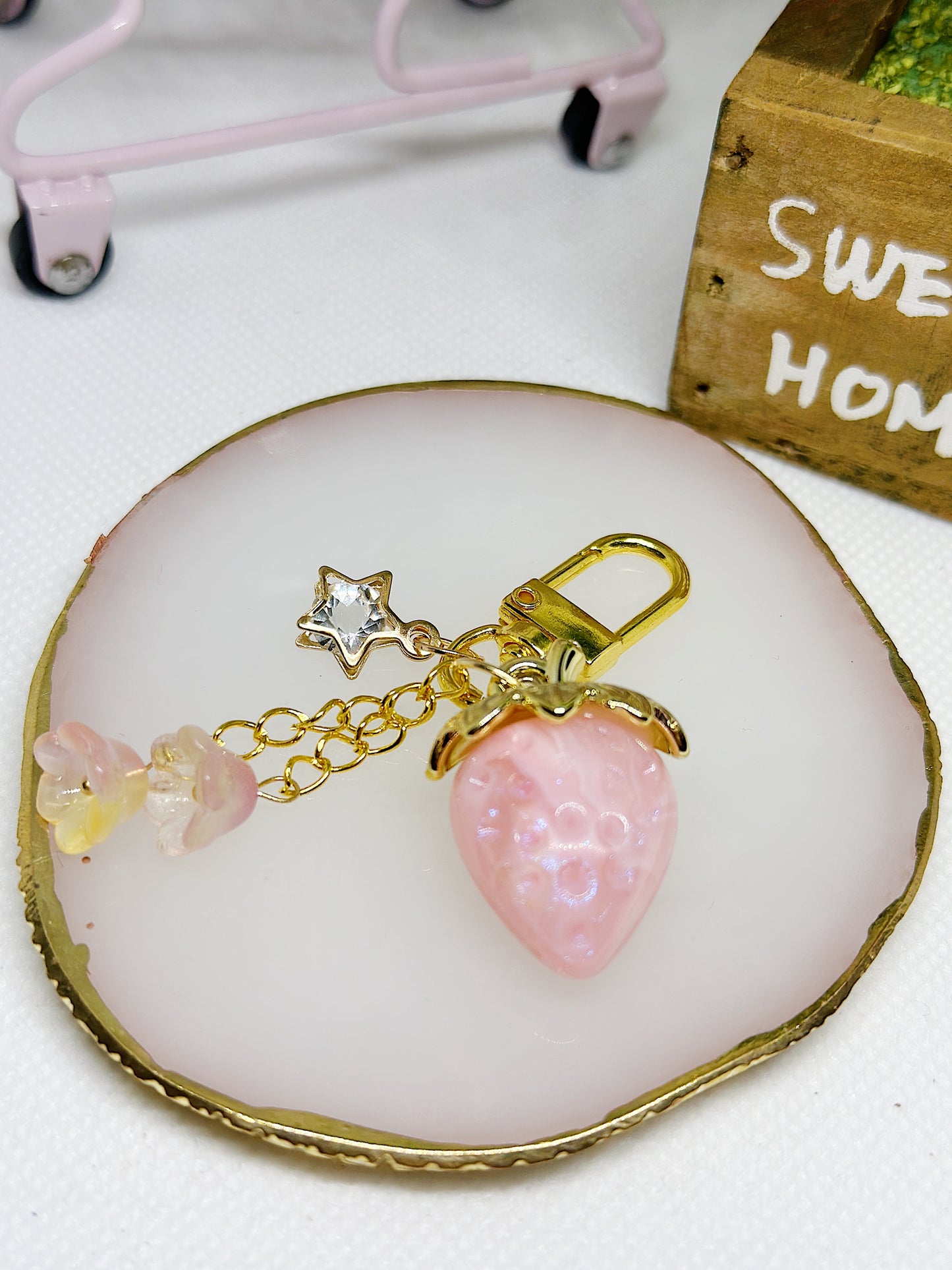 Pink jelly Strawberry bag charm | key chain | golden chain with heart bucket | y2k chain bag lover gift