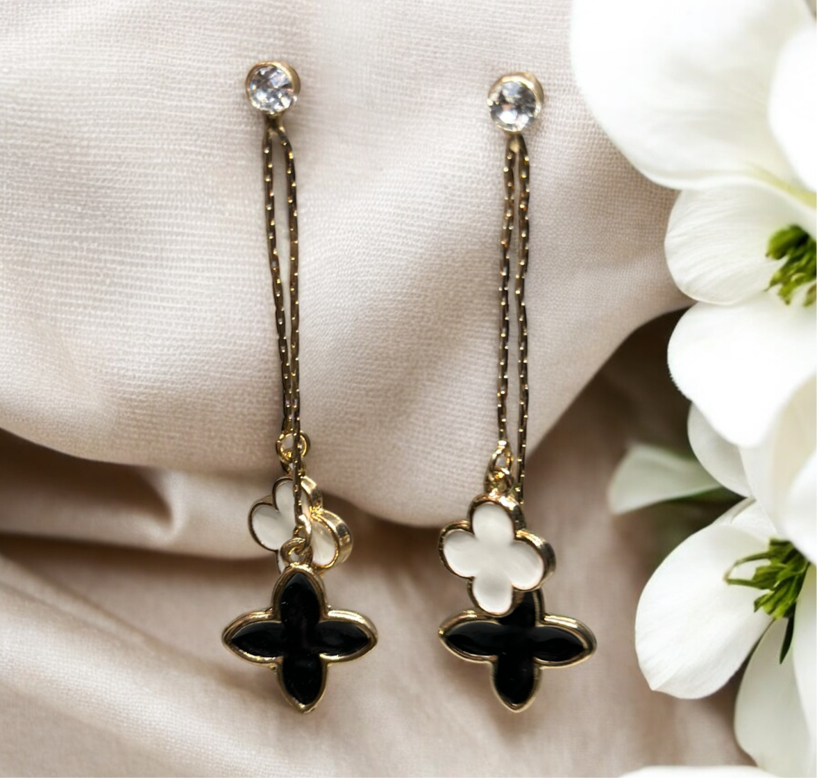 Golden clover earrings | long dangle elegant earrings