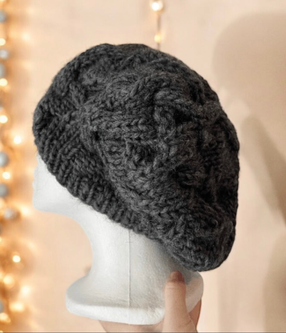 Handknit Cable Slouchy Beanie | Knit Beret | Slouchy Hat in charcoal | Knit beanie in dark grey | Fluffy cozy winter hat