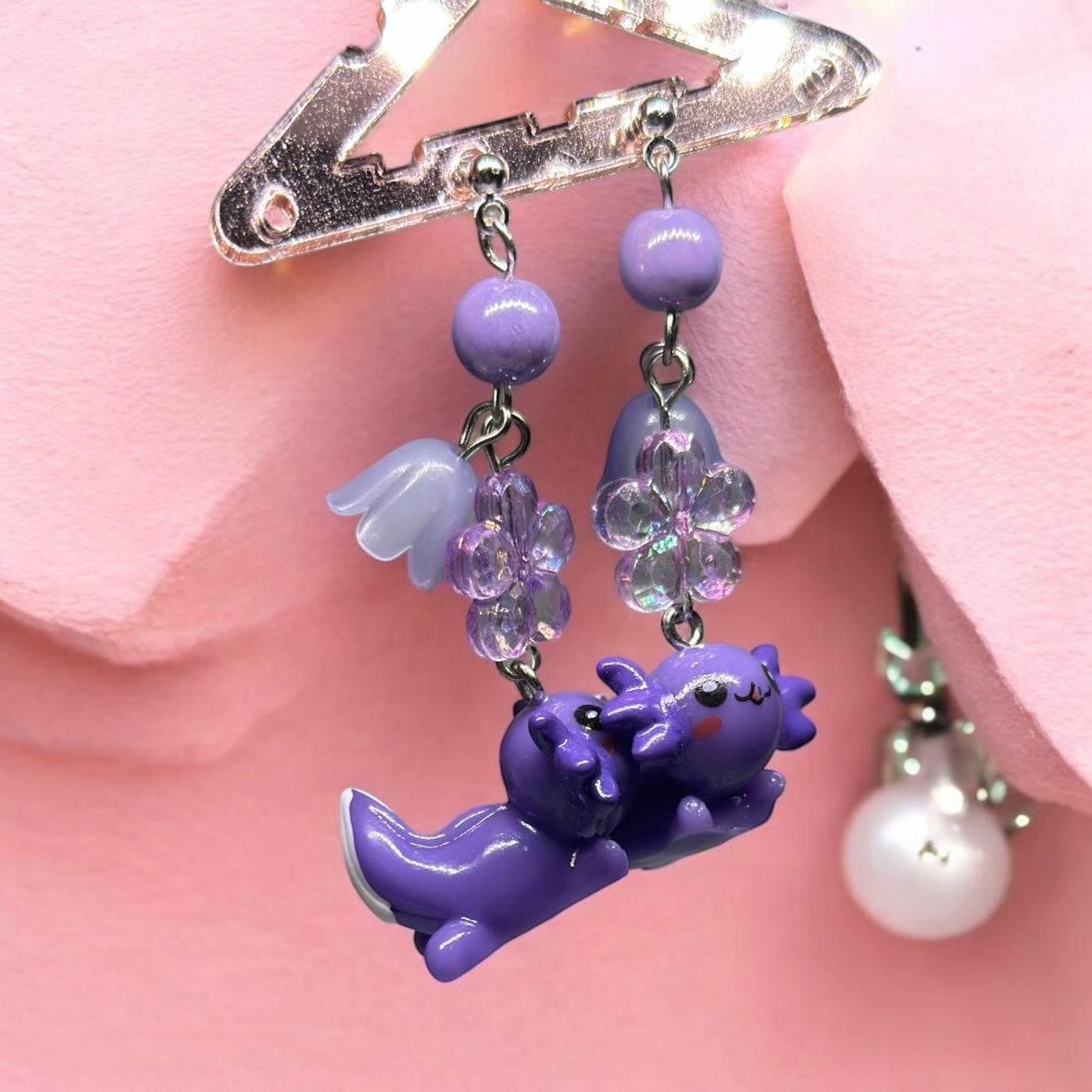 Purple Axolotl earrings | 3d animal dangle earrings | cute kawaii art | sea creature earrings