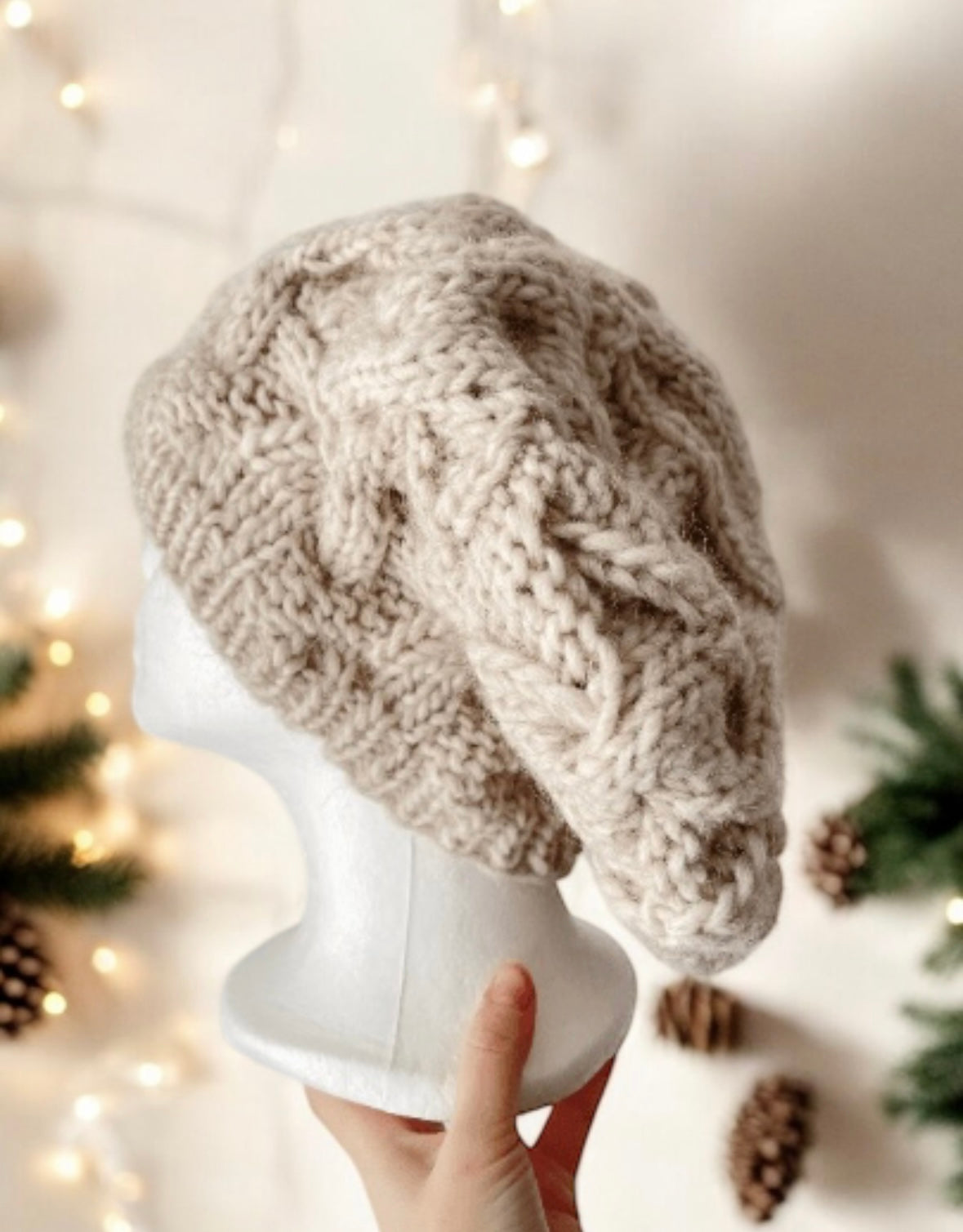 Handknit Cable Slouchy Beanie | Knit Beret | Slouchy Hat in light beige | Knit beanie in beige | Fluffy cozy winter hat