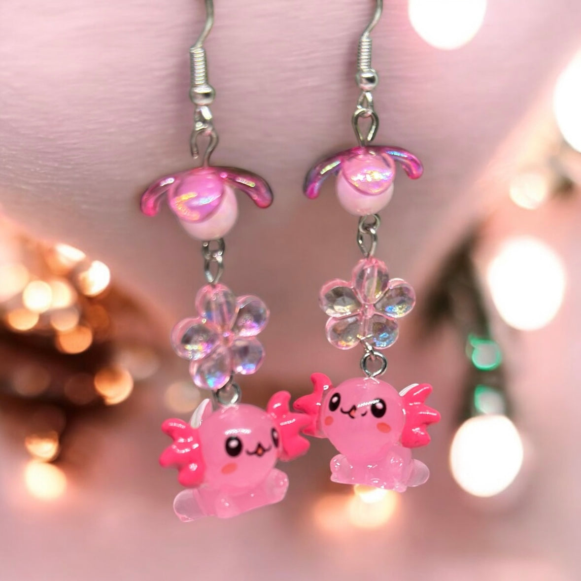 Pink Axolotl earrings | 3d dangle earrings | sea creature earrings