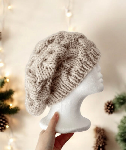 Handknit Cable Slouchy Beanie | Knit Beret | Slouchy Hat in light beige | Knit beanie in beige | Fluffy cozy winter hat