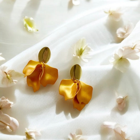 Golden shimmering petal flower earrings| floral petal earrings | lightweight elegant | bridal party earrings