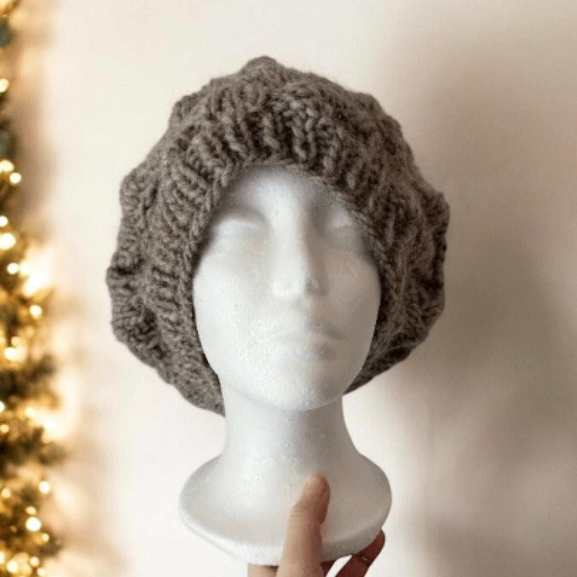 Handknit Cable Slouchy Beanie | Knit Beret | Slouchy Hat in stone | Knit beanie in dark beige | Fluffy cozy winter hat