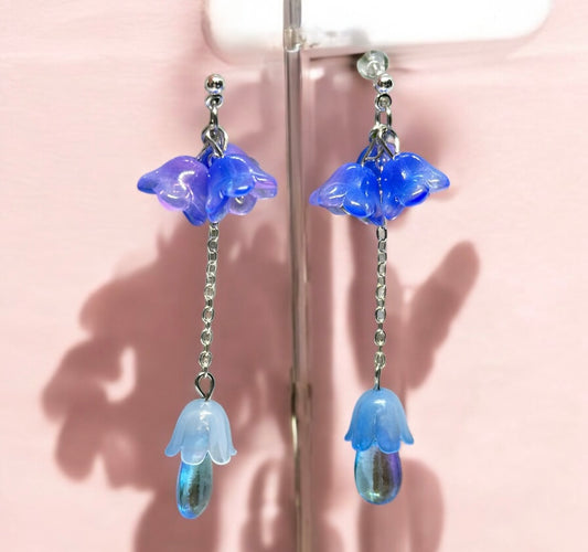 Blue purple flower earrings |mini flower earrings | elegant floral dangle chain earrings