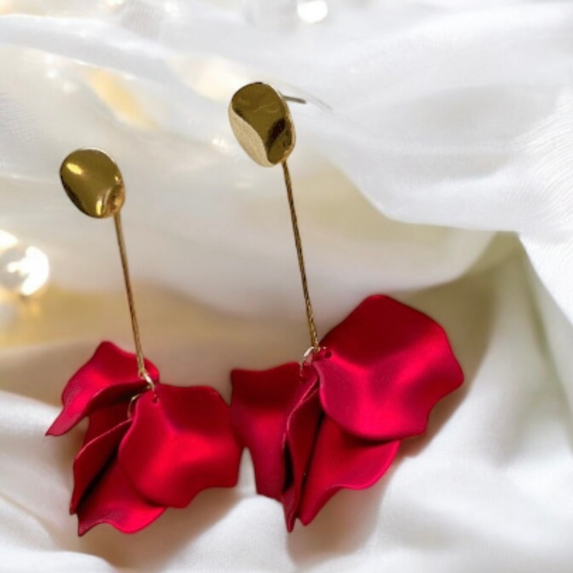 Hot christmas red iridescent flower earrings | roses petals baroque earrings | unique golden bar floral earrings | bridal wedding earrings