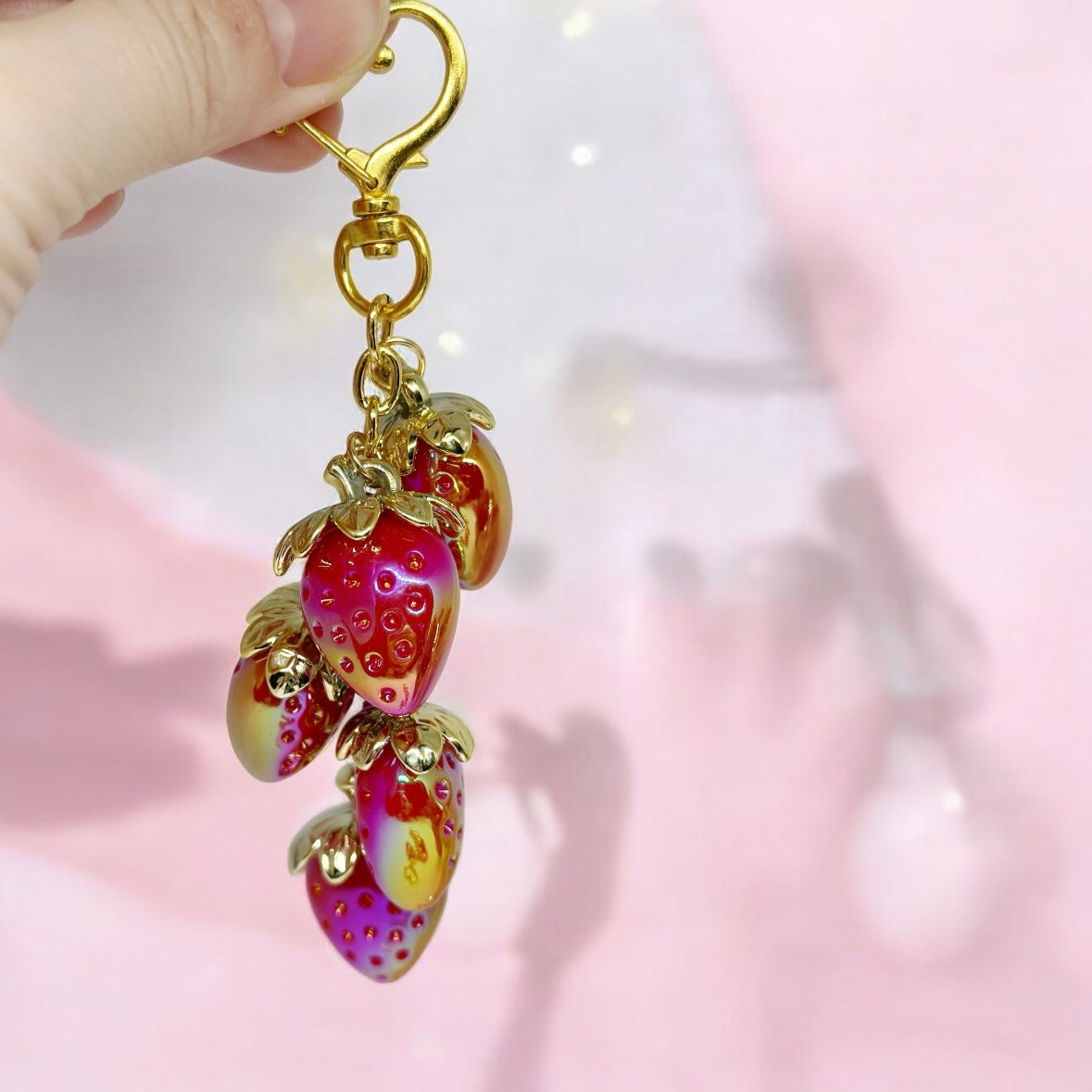 Strawberry bag charm | key chain | golden chain with heart bucket | y2k chain | bag lover gift | lux keychain