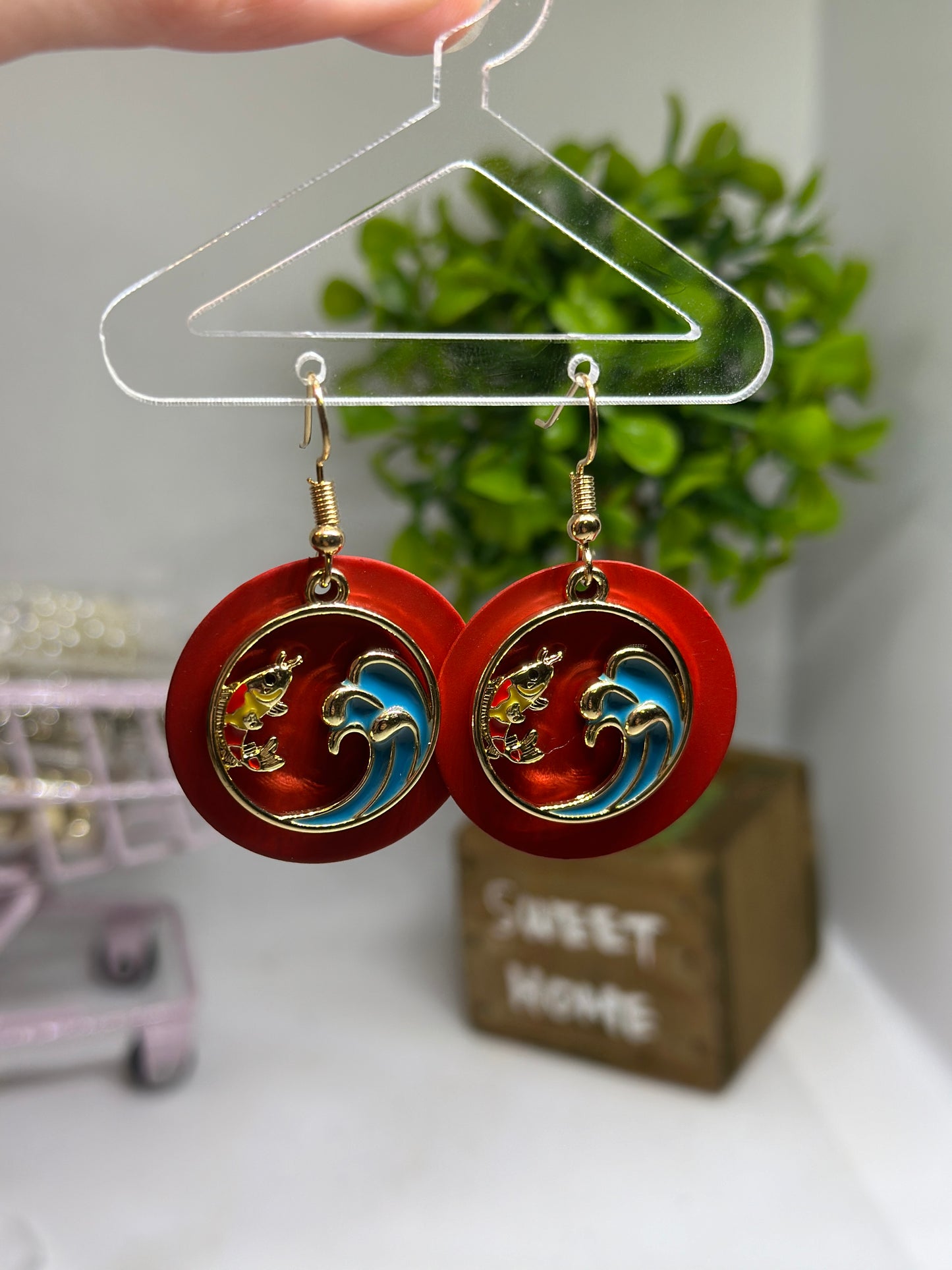 Red Colourful japanese koi fish dangle earrings