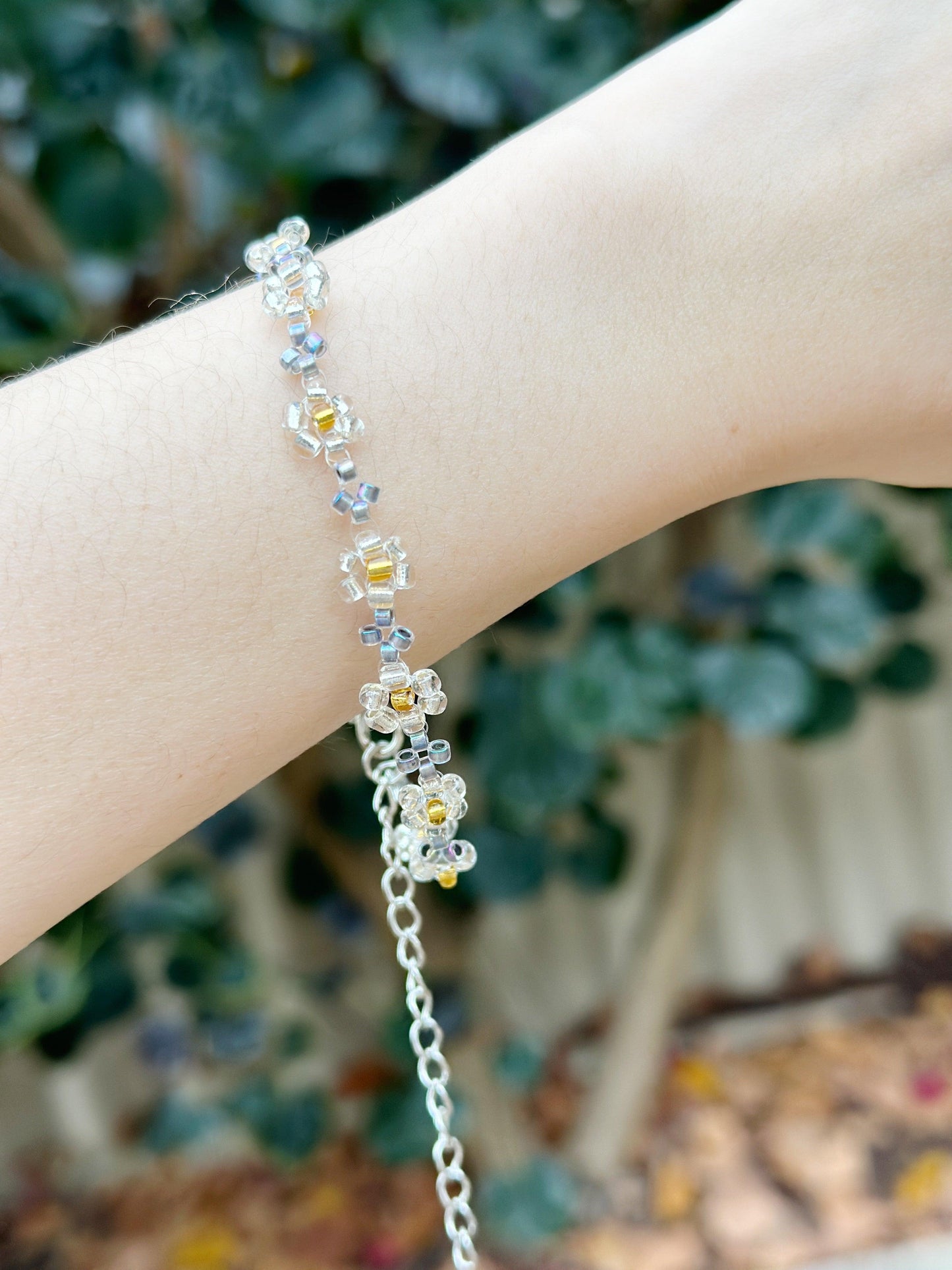 Silver & Gold Beaded bracelet with daisy pattern | silver colour chain | shinny decor bracelet |