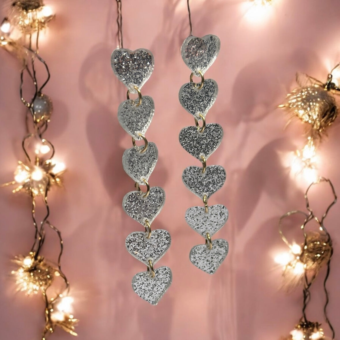 Long chain acrylic heart earrings | silver glitter lightweight earrings| fun art earrings