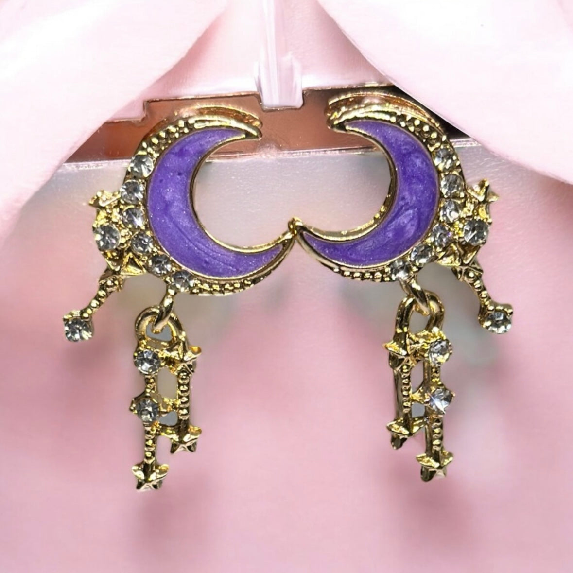 Celestial dangle earrings | pink stone earrings | Galaxy gold rhinestone earrings | glittering vintage style diamante earrings