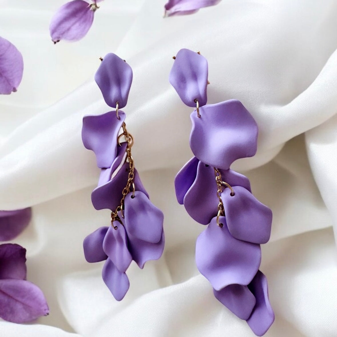 Lilac purple flower earrings |dangly earrings | matte petals colour statement earrings | unique gold geometric floral earrings