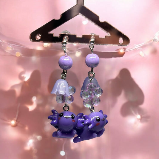 Purple Axolotl earrings | 3d animal dangle earrings | cute kawaii art | sea creature earrings