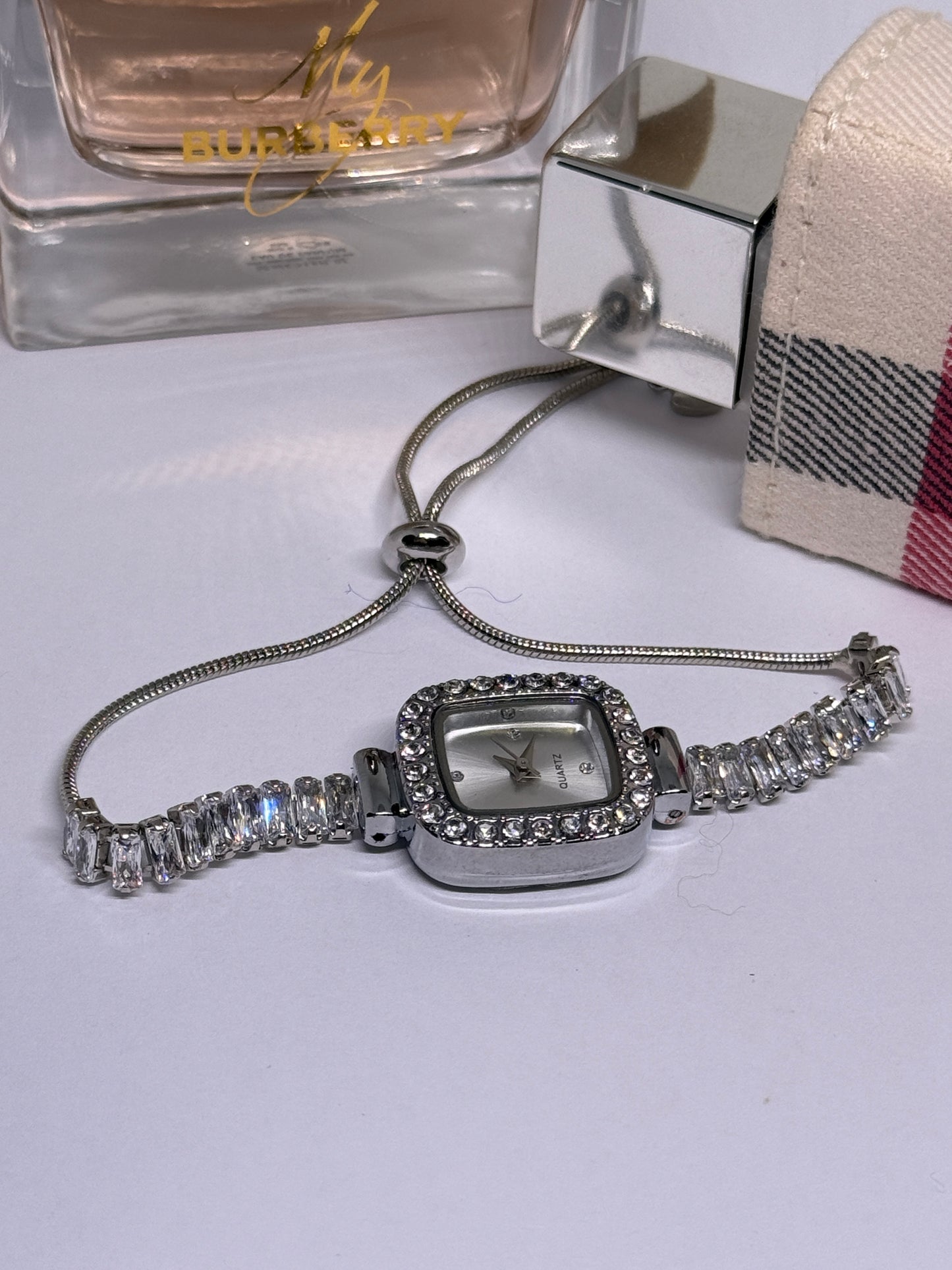 Silver tone rhinestone bracelet watch