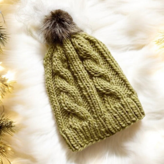 Chunky faux fur pompom cable knit hat | knit winter beanie | cozy warm knit hat |lime green colour hat