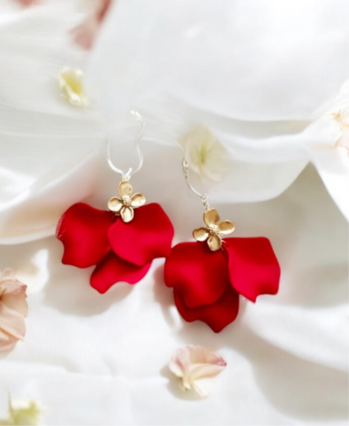 Hot red flower earrings | dangle petals baroque earrings | unique golden chain floral earrings | bridal party wedding earrings