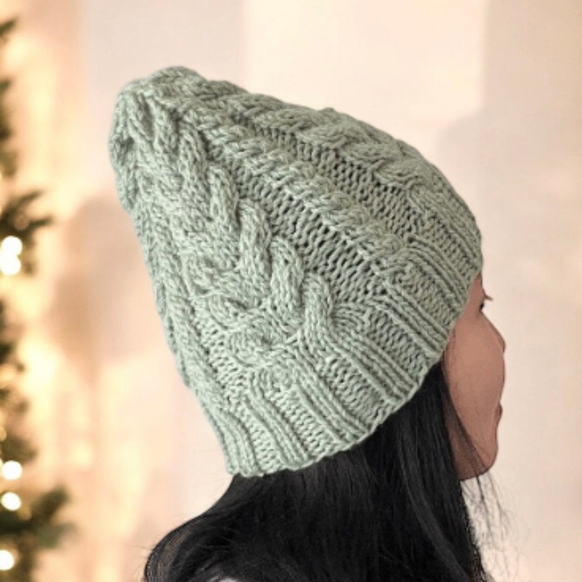 Handknit Sage green colour Cable Knitted | pastel colour autumn tone knit hat | adult women or men beanie | Winter knit briaded hatty light purple hat