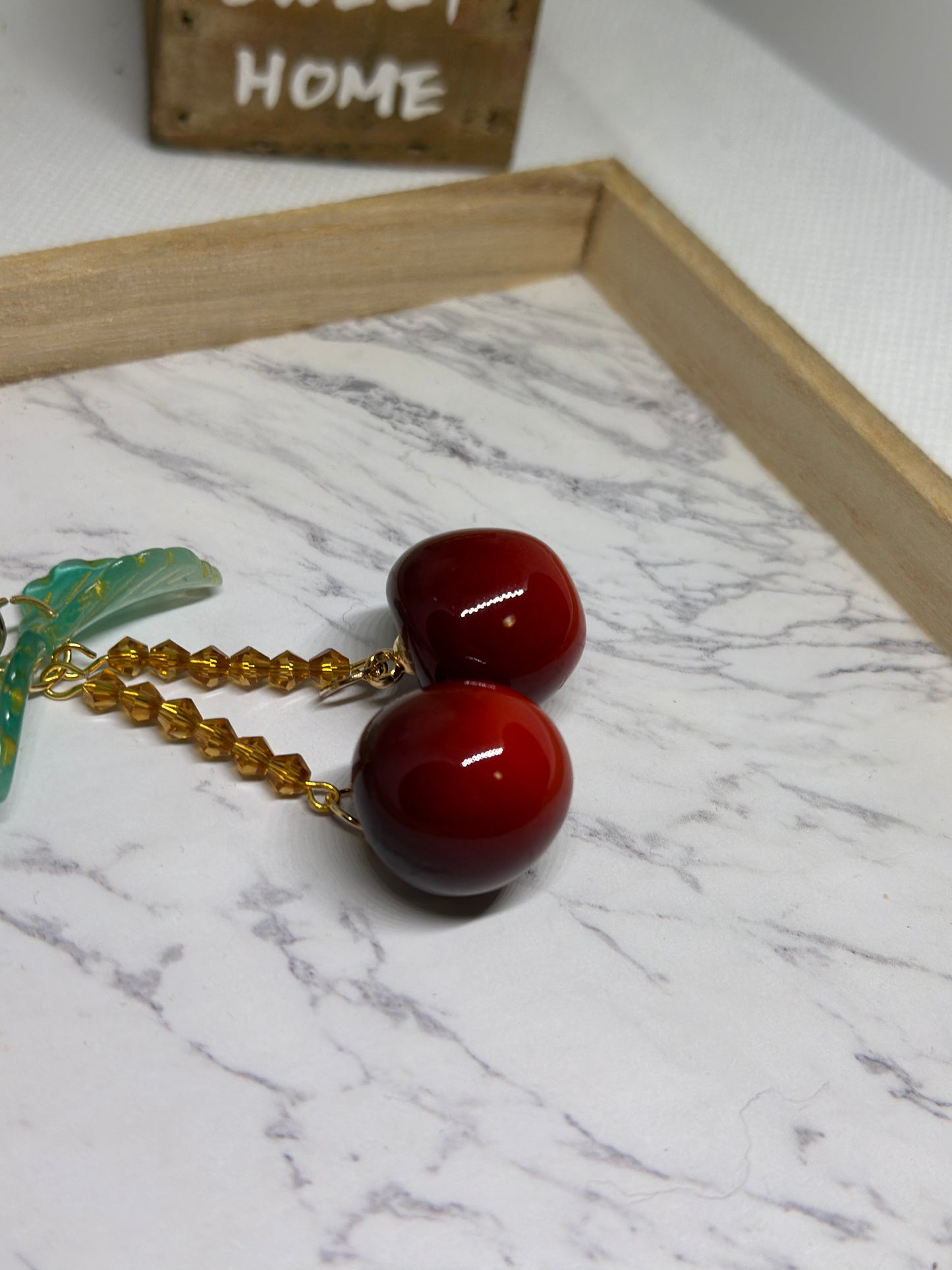 Cherry bag charm | key chain | golden chain with flowers and leaf