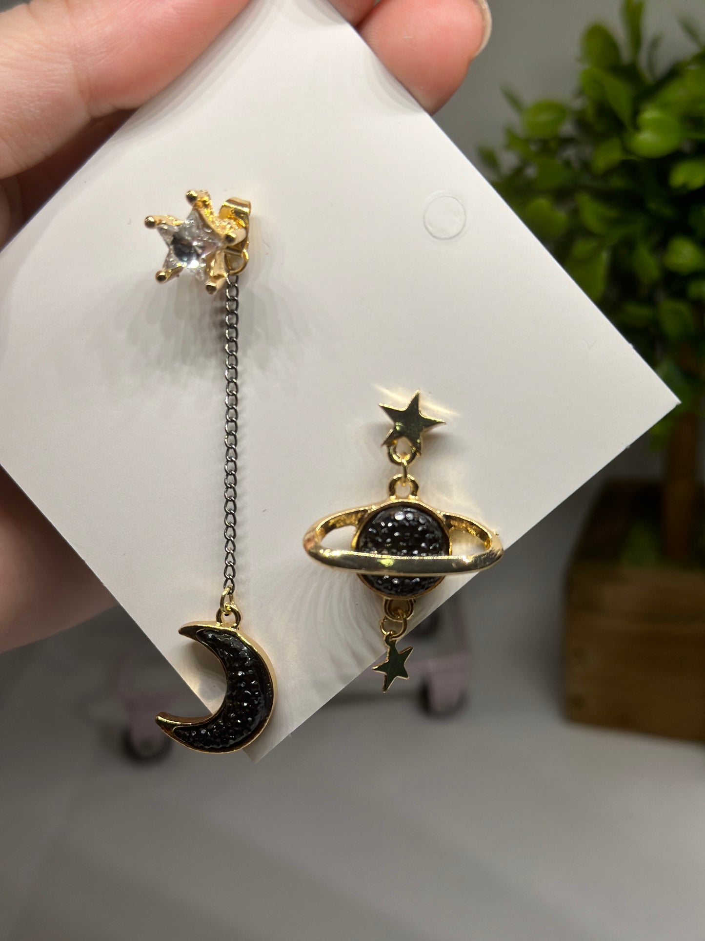 Celestial statement earrings | black diamante moon & stars chain earrings | korean Galaxy planets dangle earrings |gold mismatch earrings