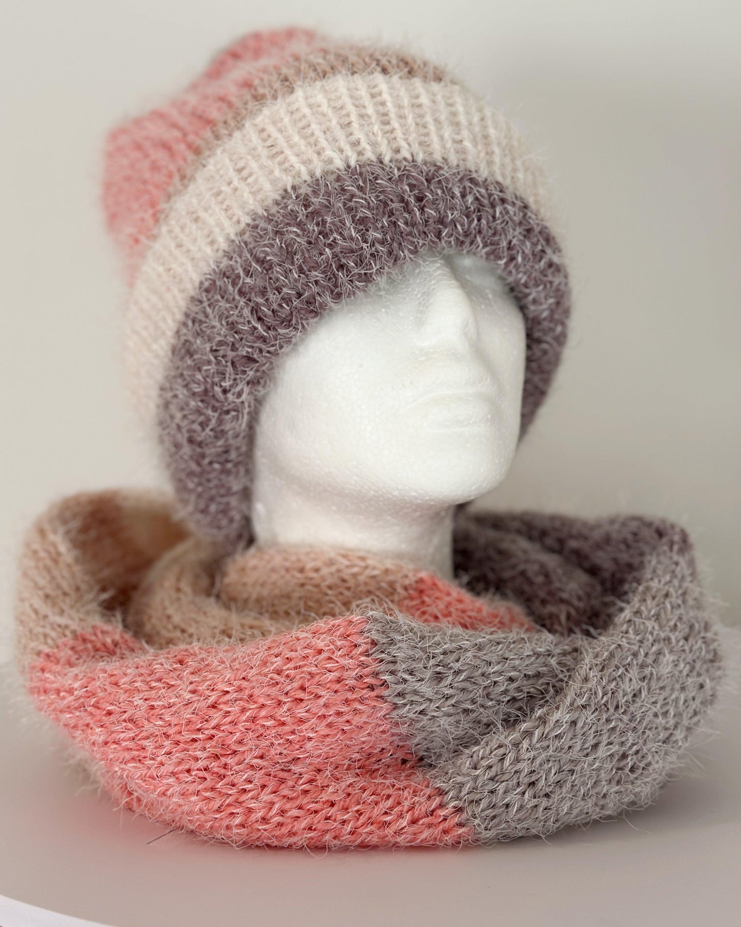 Handmade Double layered Knit beanie and circular scarf set | Winter Knit Hat foldable | matching scarf | soft and cozy (pink)