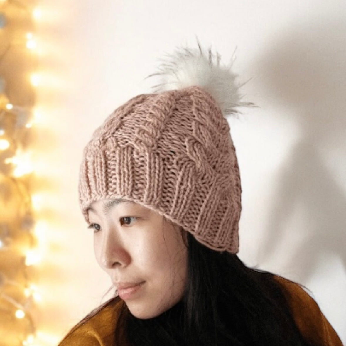 Handknit Cable Brim Beanie | Knit Beret | Slouchy Hat in nude pink | Knit beanie in pinkish beige | Fluffy cozy fur pom pom winter hat