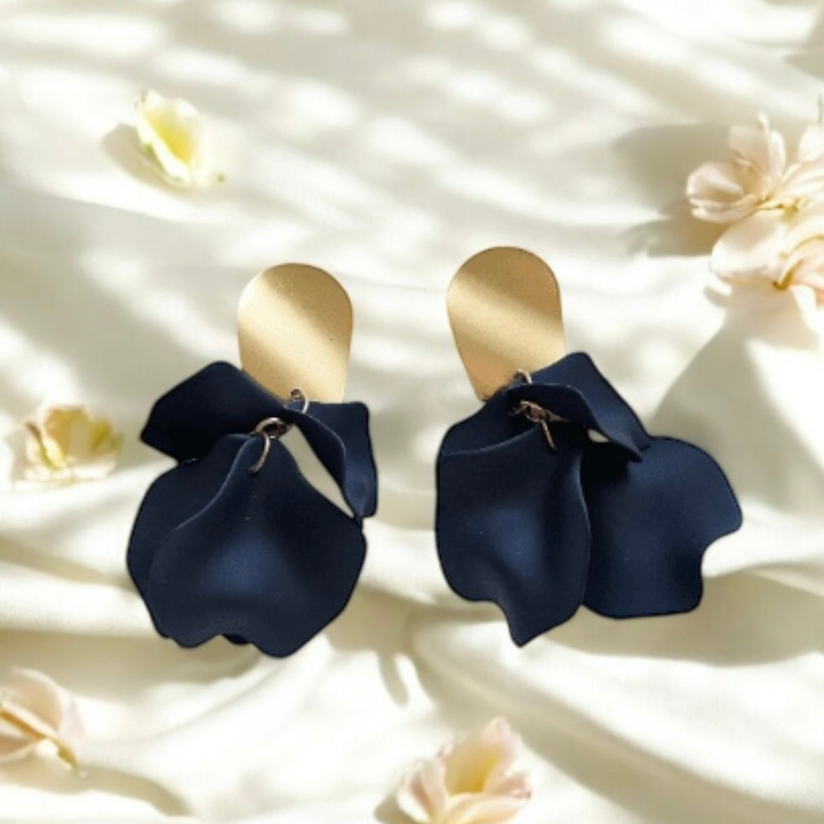 Pure black flower earrings |dangly earrings | matte petals bar statement earrings | unique gold bridal floral earrings