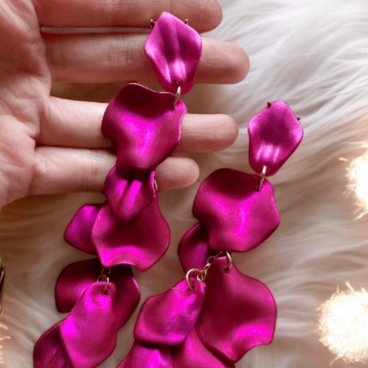 Fuchsia pink flower earrings | dangly earrings | frosted petals hoop oversize statement | golden geometric floral bridal party earrings