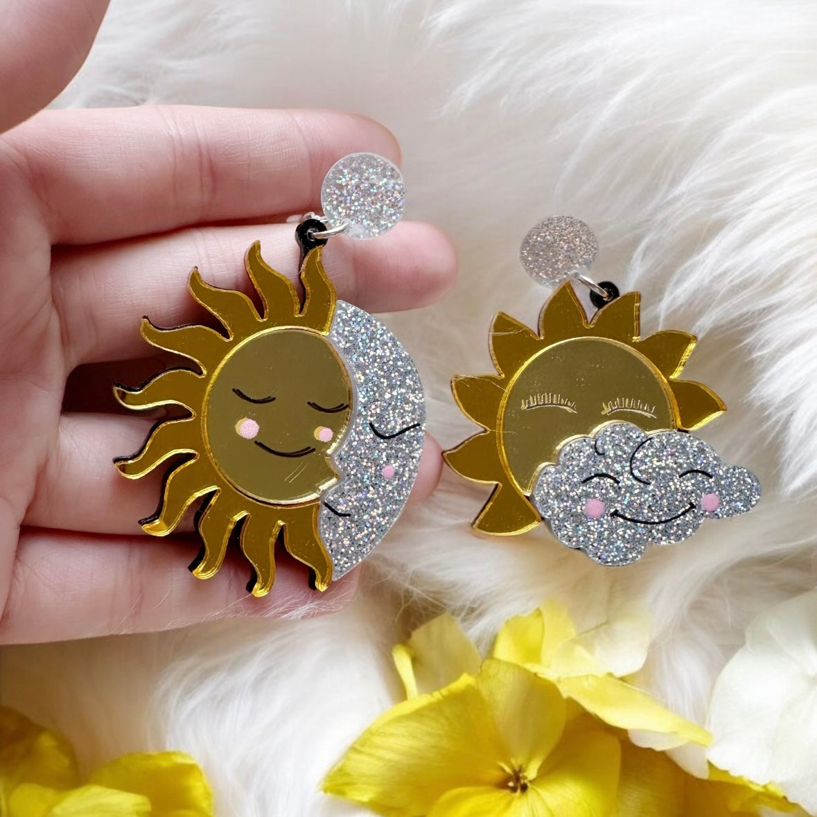 Sun and moon earrings | cloud iridescent earrings | galaxy earrings | shinny quirky fun cute earrings