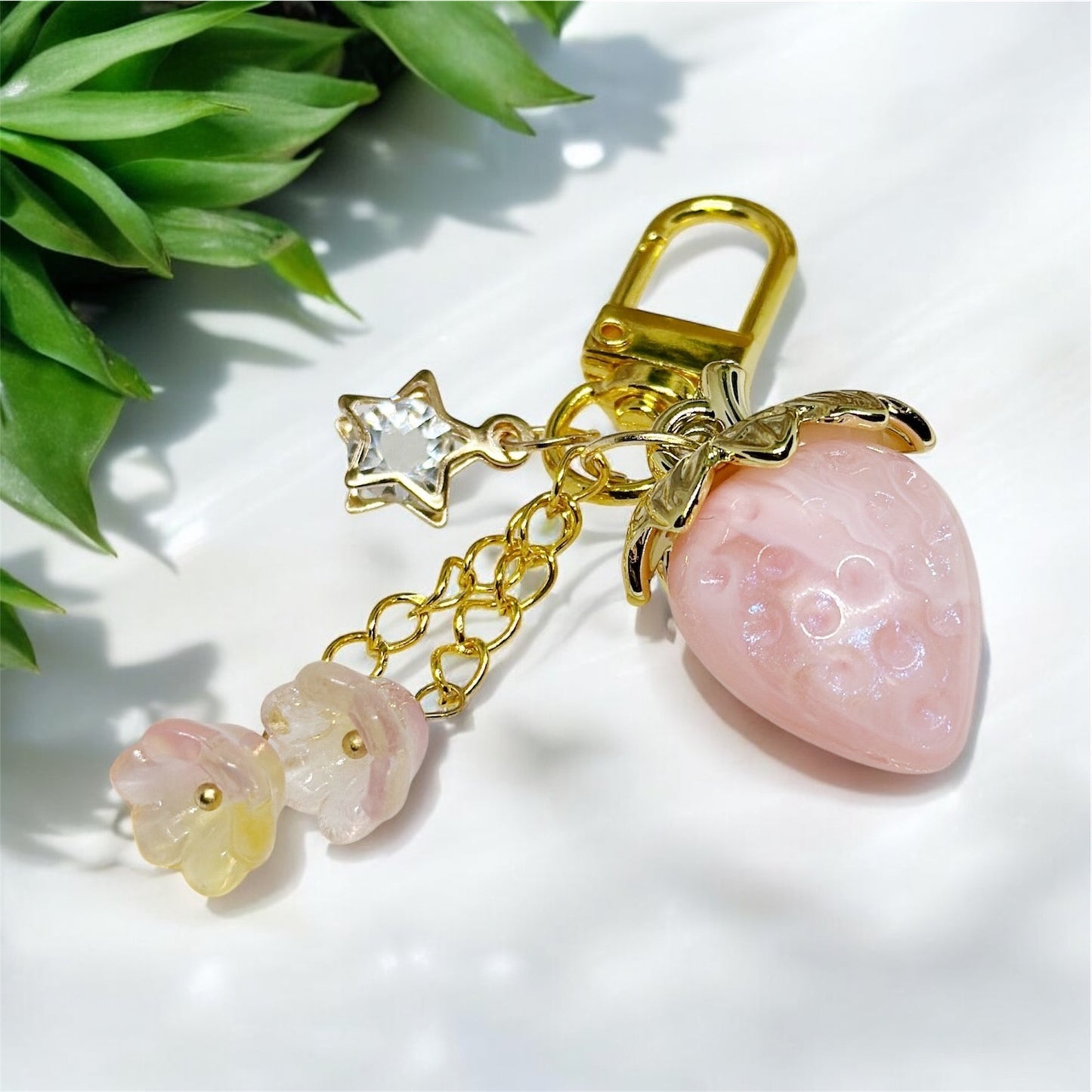 Pink jelly Strawberry bag charm | key chain | golden chain with heart bucket | y2k chain bag lover gift