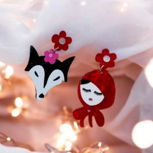 Red riding hood & fox earrings | Giltter dangle earrings | fun pop earrings | cut cartoon cat love earrings