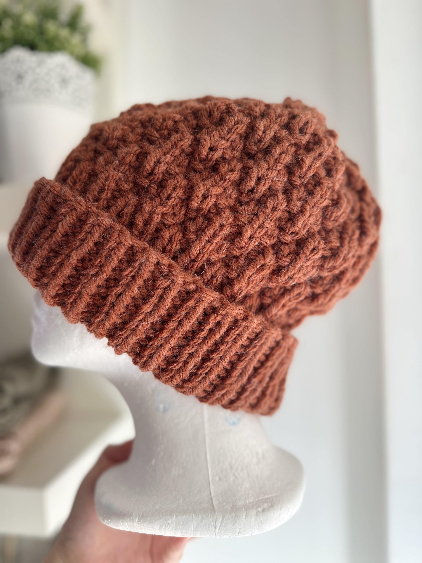 Handknit Chunky Patterned Beanie | Knit Beret | Foldable brim in saffron | Knit beanie in coffee | Fluffy and cozy winter hat