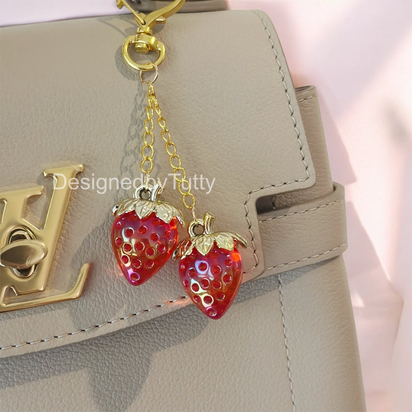 Strawberry bag charm | key chain | golden chain with heart bucket | y2k chain | bag lover gift