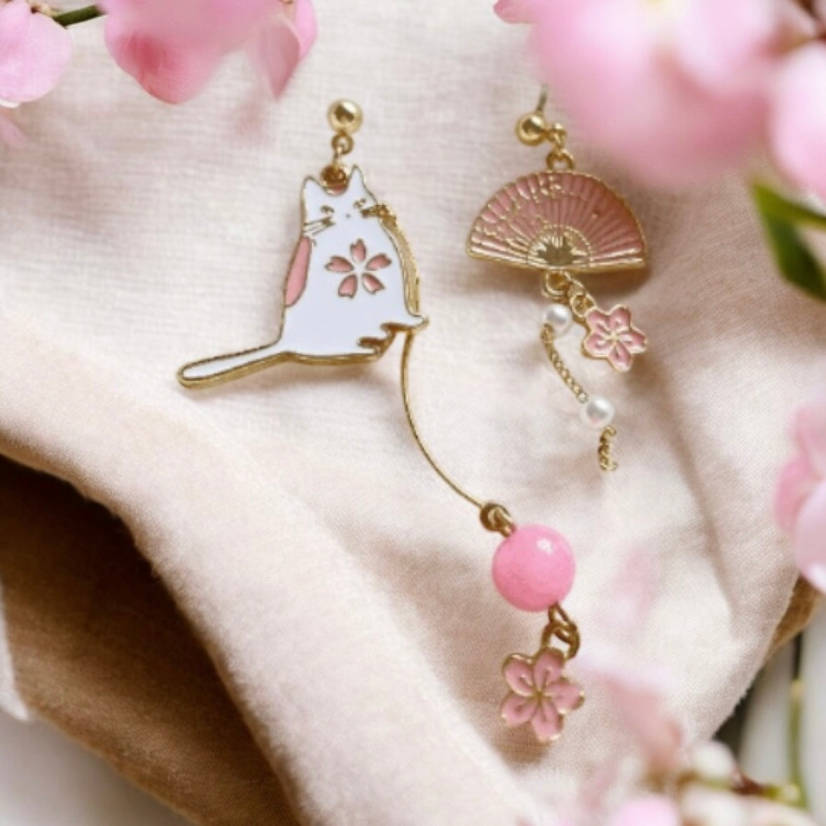 Sweet pink sakura |Kawaii cat cute fun chain earrings | korean art colourful dangle earrings | mismatch flower kitten oriental fan