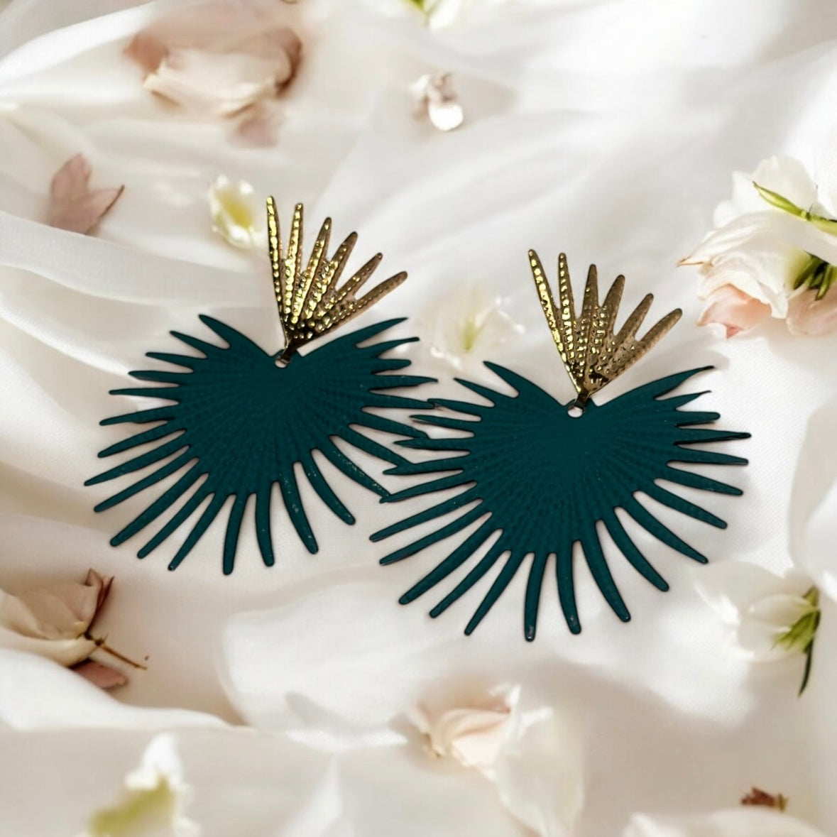 Green Starburst Flower petal spiky leaf Gold statement earrings | dangly drop earrings | oversize floral earrings | lightweight party earrings