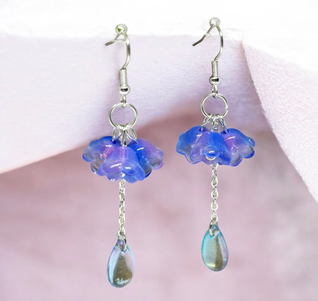 Purple blue flower earrings | golden leaf mini flower earrings | elegant floral dangle chain earrings