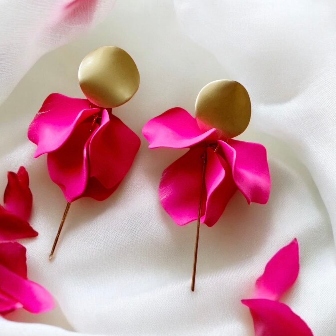 Hot pink flower earrings | dangle petals glitter earrings | unique gold geometric floral earrings | bridal party wedding earrings