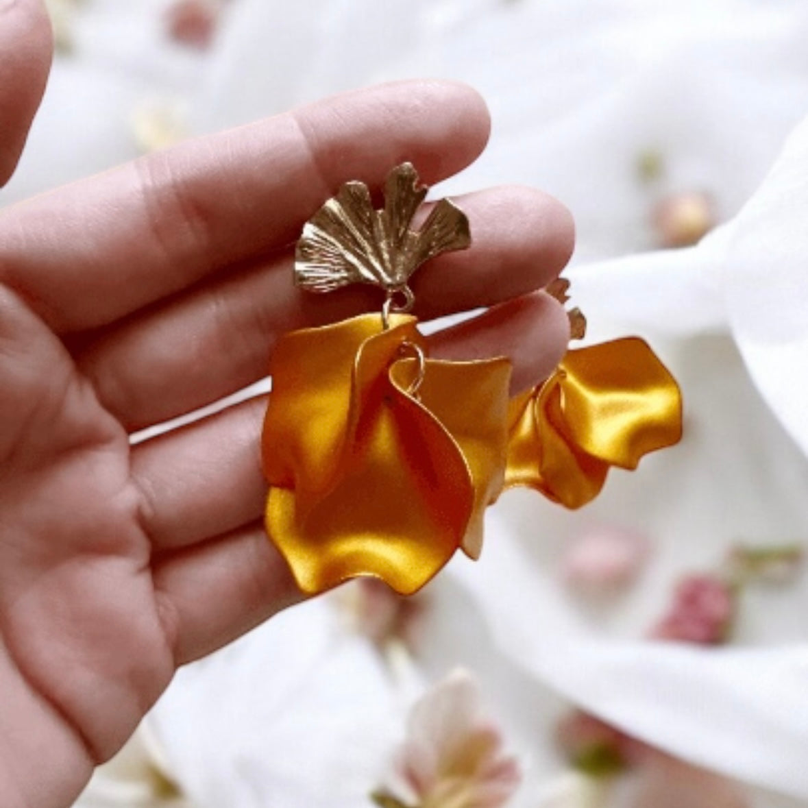 Golden shimmer Yellow ginkgo flower earrings |dangly earrings | frosted petals statement earrings | golden disc floral bridal earrings