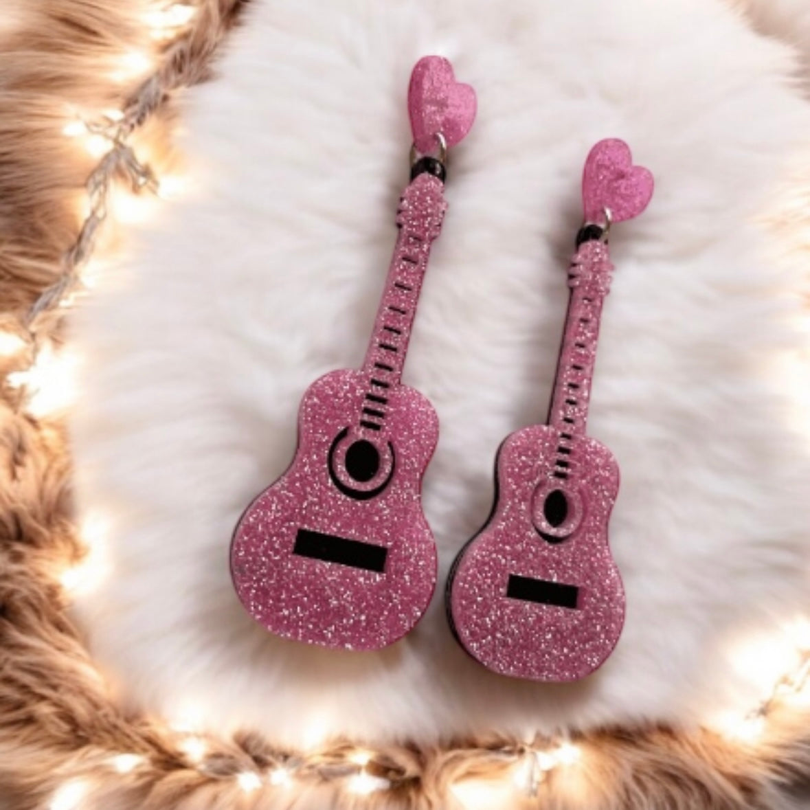 Musical instrument earrings | glitter pink guitar earrings | funky pop art earrings | acrylic art oversize earrings | quirky fun