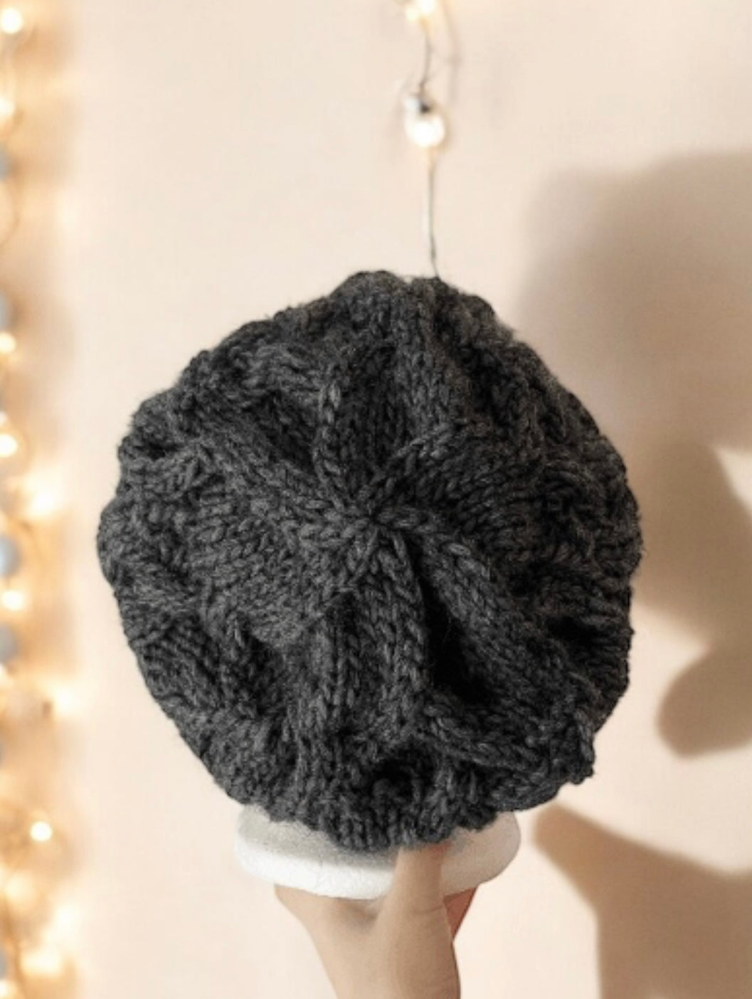 Handknit Cable Slouchy Beanie | Knit Beret | Slouchy Hat in charcoal | Knit beanie in dark grey | Fluffy cozy winter hat