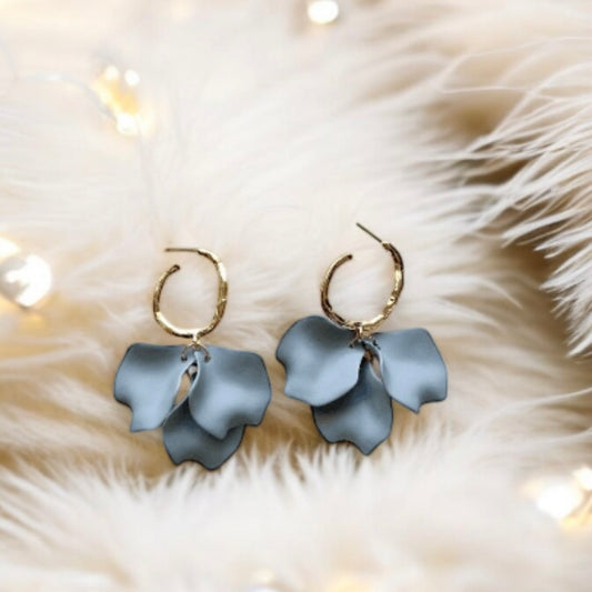 Grey - matte flower earrings | dangle petals statement earrings | unique golden bar floral earrings | bridal party wedding earrings - TuttyKnitty