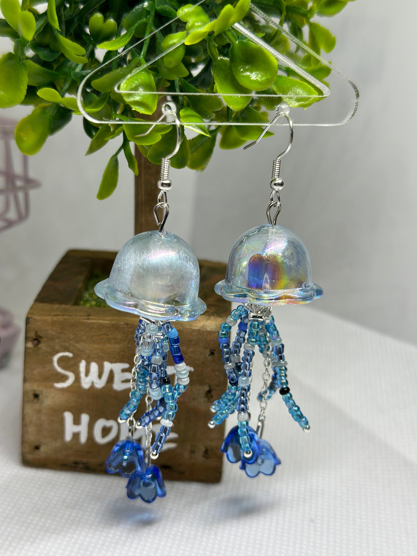 Beaded tentacles Jellyfish earrings | sea creature earrings | colourful clear iridescent dangle earrings | halgoram fun y2k earrings