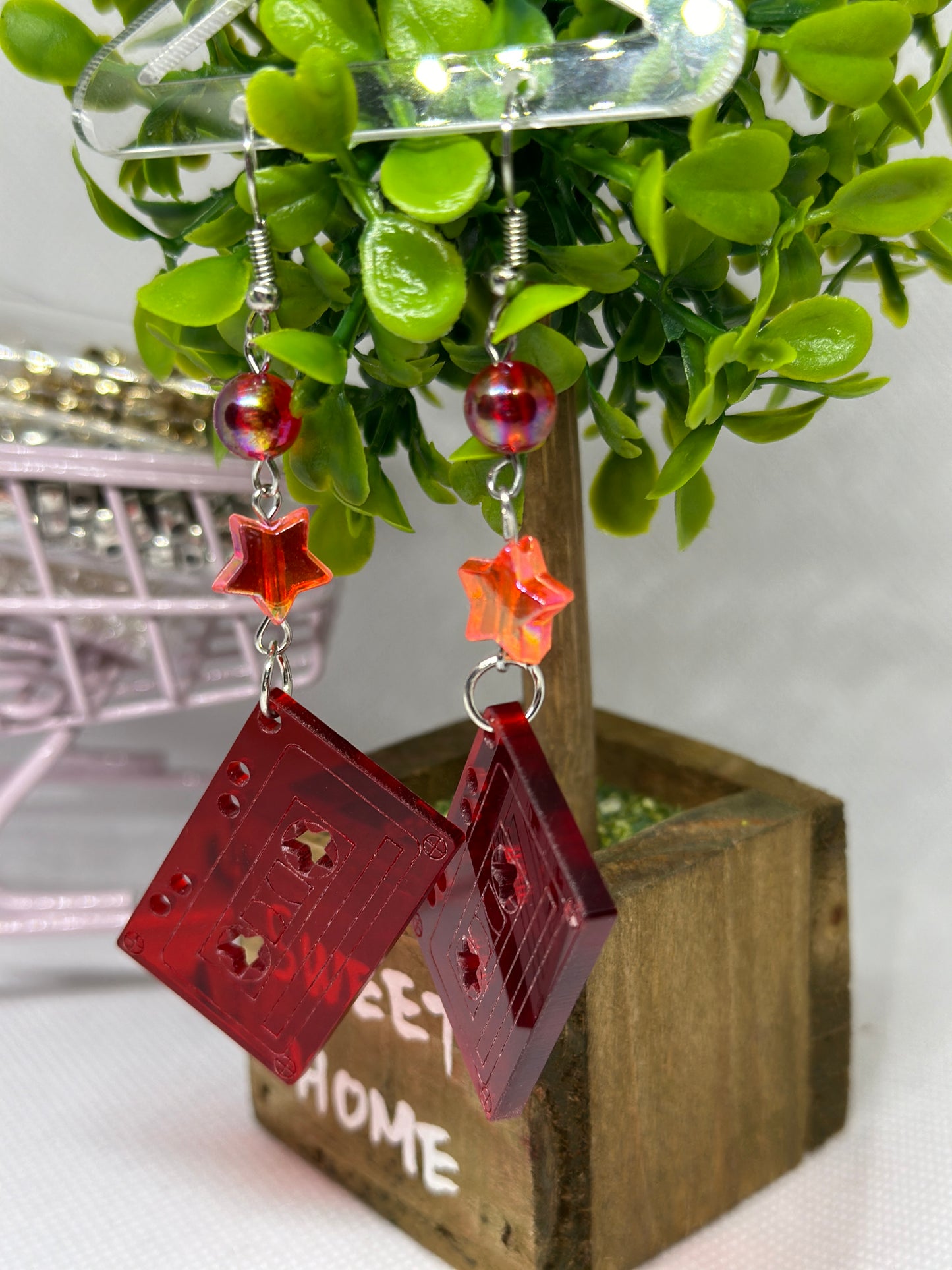 Red cassette | glitter earrings | funky pop art earrings | acrylic art oversize earrings | quirky fun