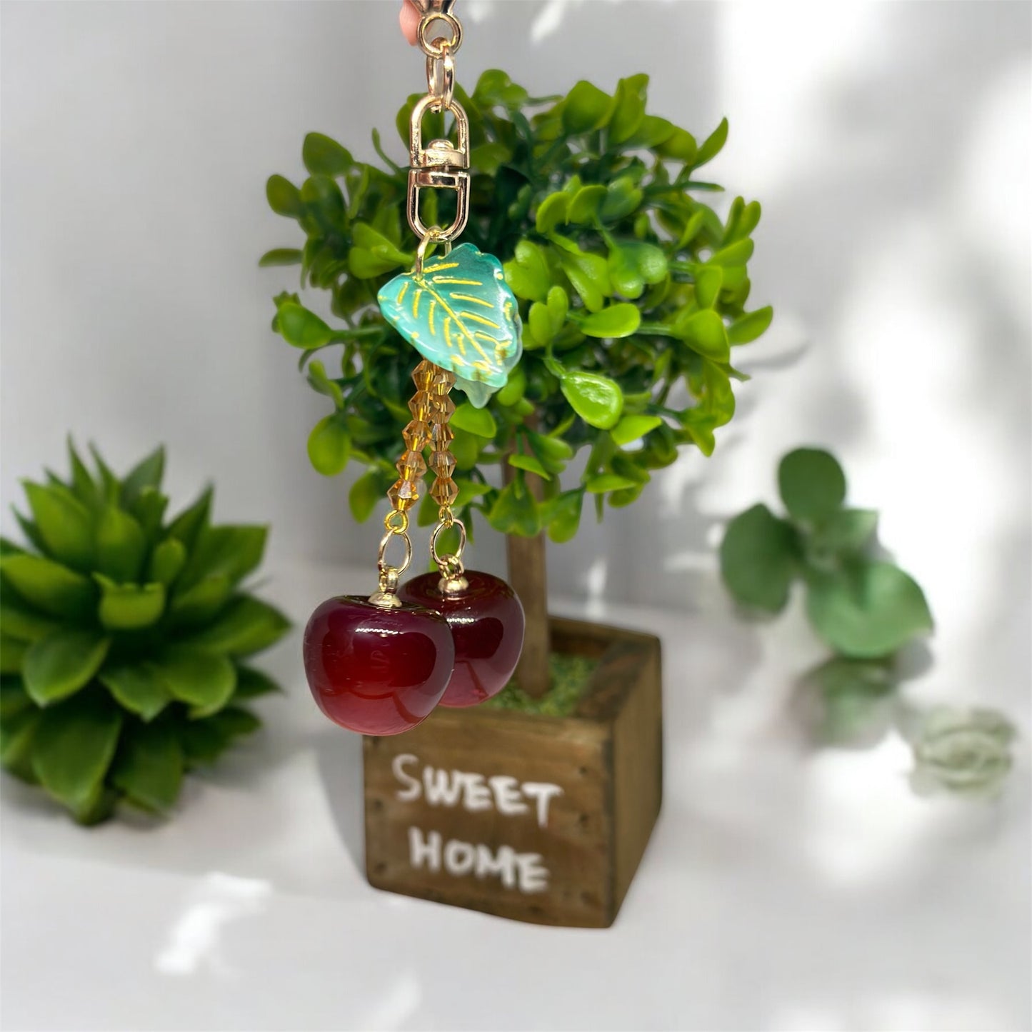 Cherry bag charm | key chain | golden chain with flowers and leaf