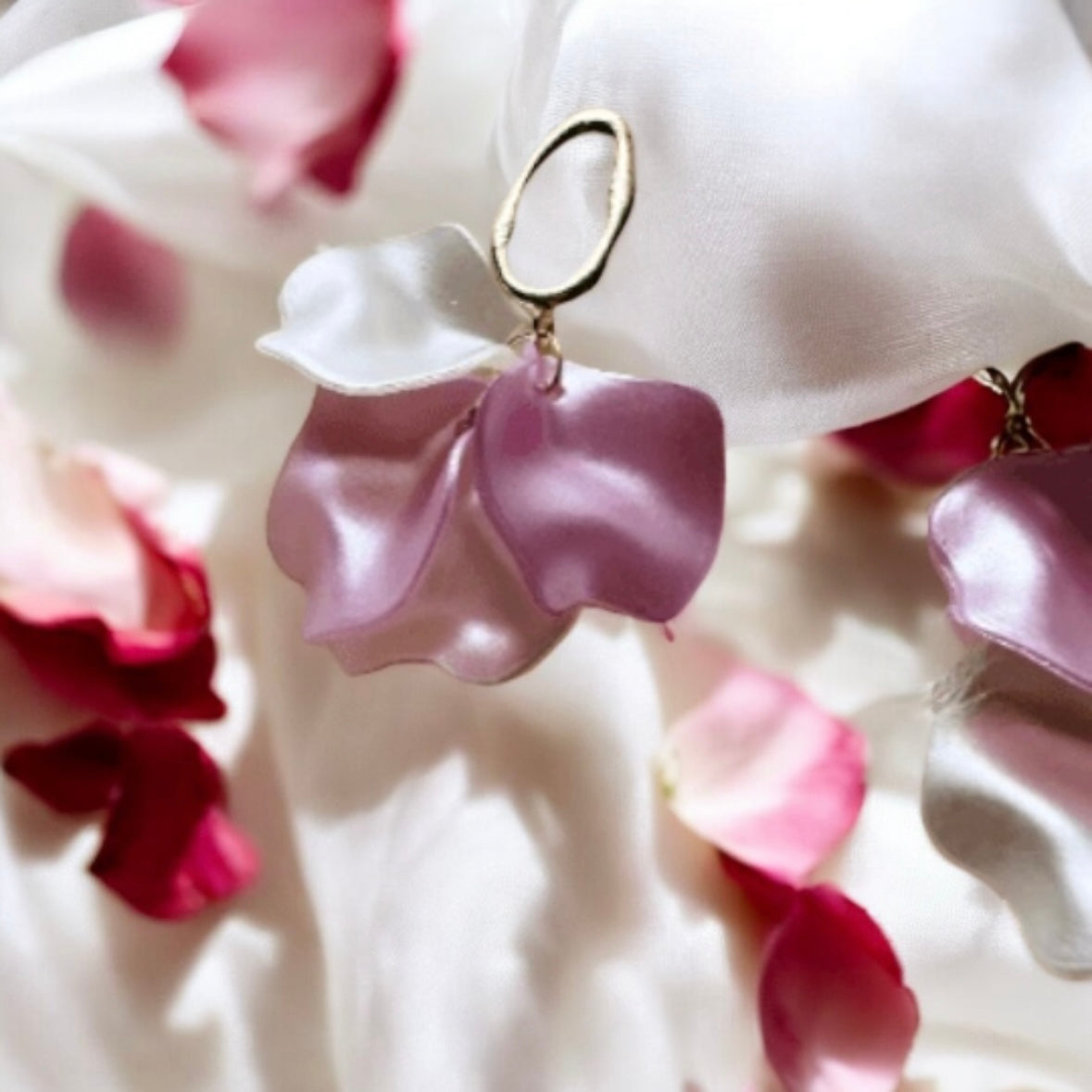 Pink and pearl flower earrings | dangly earrings | frosted petals hoop oversize statement | golden disc geometric floral lightweight Inactive