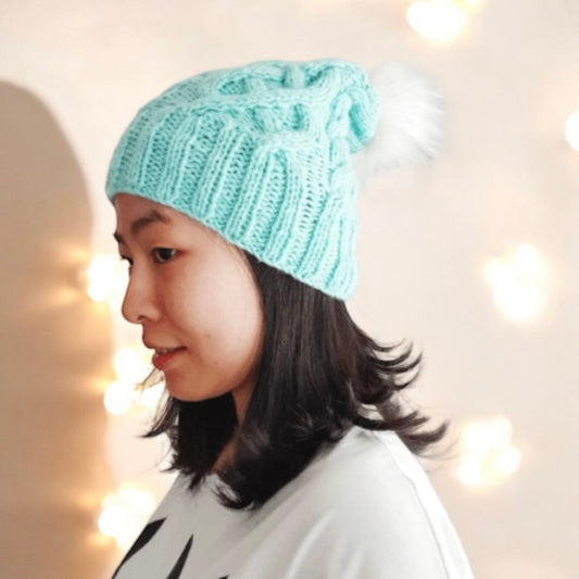 Handknit Cable knit beanie with White fur pom pom - Mint colour beanie - Fur Pom Pom Hat - Knit beanie - Winter Hat