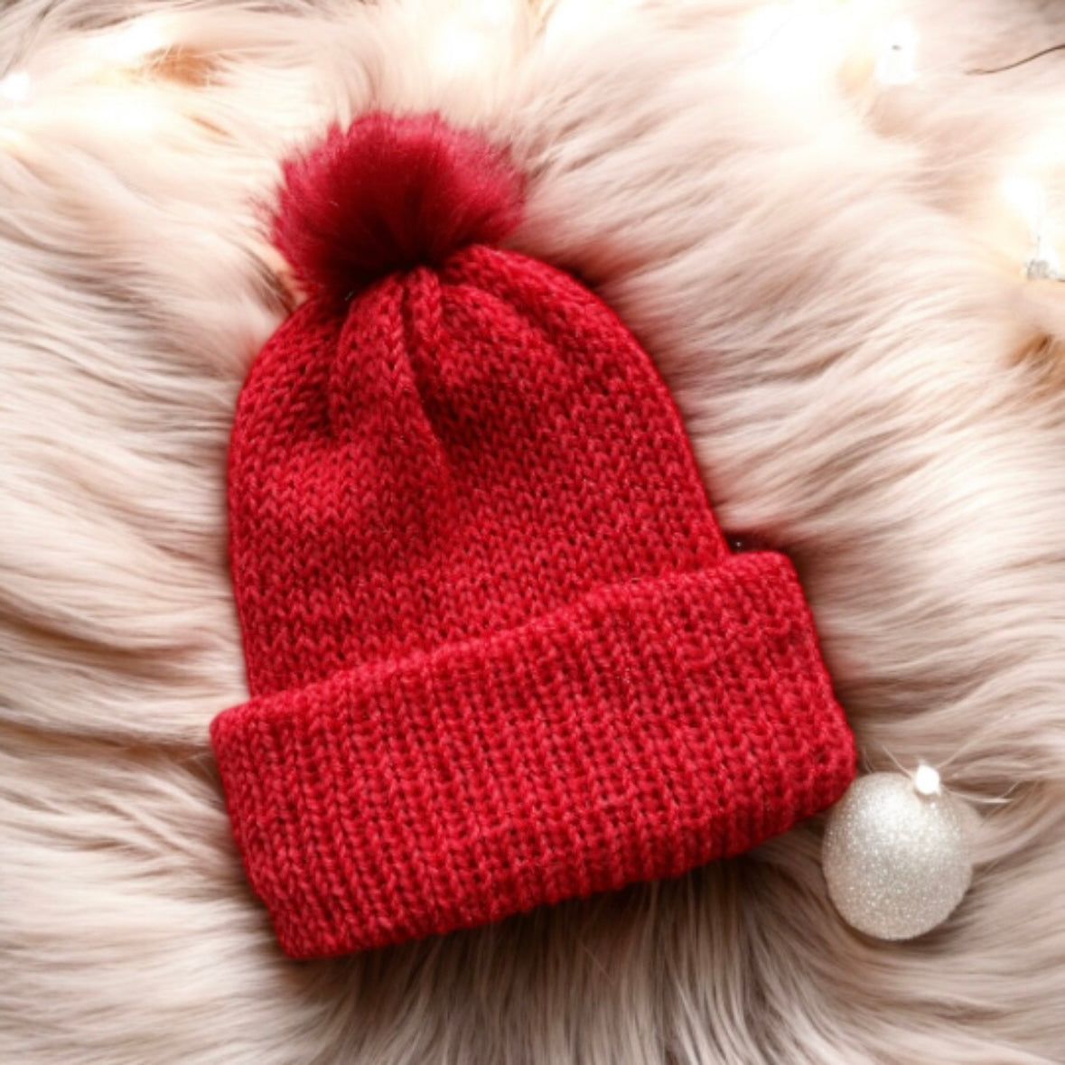 Handmade Double layered Knit beanie with faux fur pompom | Fur Pom Pom hat | Winter Knit Hat | Australian wool hot red hat